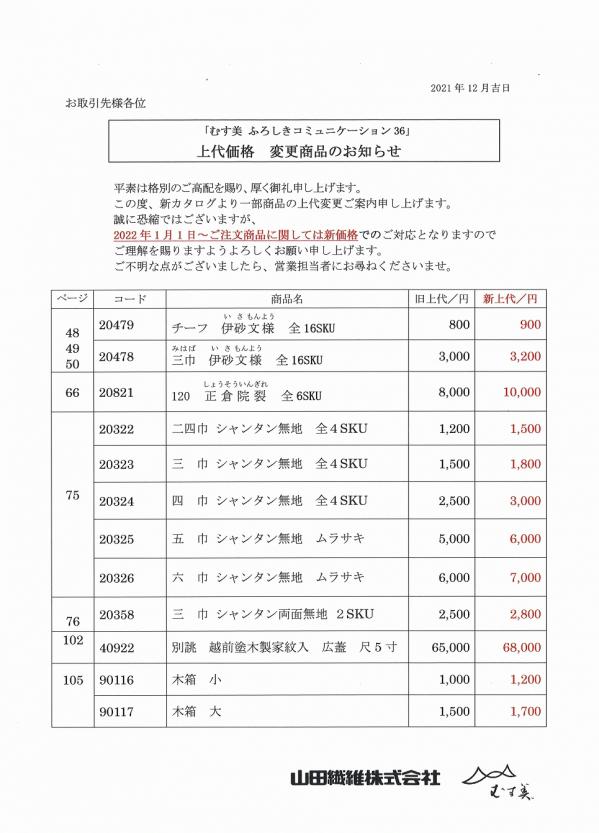 価格改定（上代）についてのお知らせ　（2022年1月～）